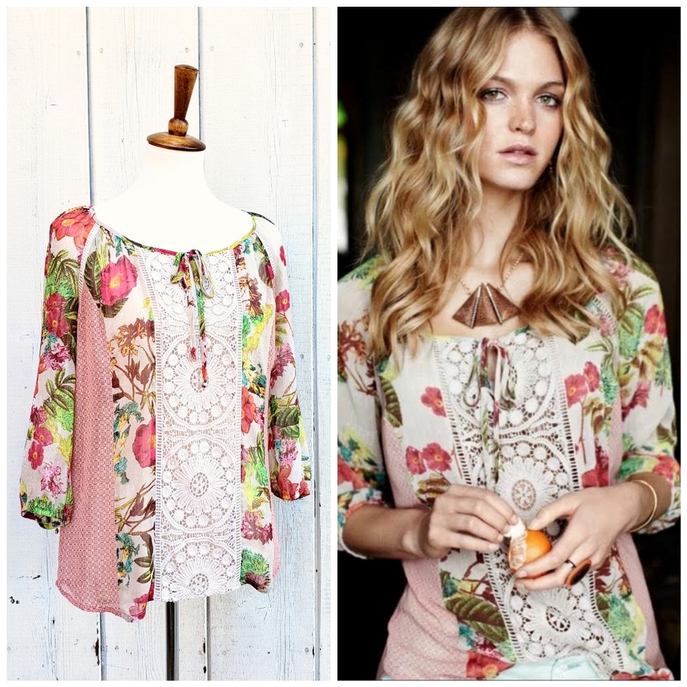 Anthropologie Meadow Rue Floral Print  Lace Blouse Top Size S